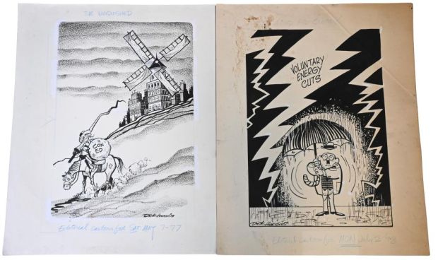 Lot 100 - 6 Dick Hodgins (American 20th Century), Original Editorial Cartoons Six original pen and ink editorial cartoons on… | misc / divers