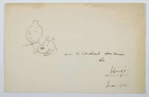 Hergé, Georges Rémi Dit (1907-1983) | Dessin dédicace: dessin original Ã  l’encre datée mai 1956 sur papier libre au format 19,5x12 cm. | Stanley’s Auction