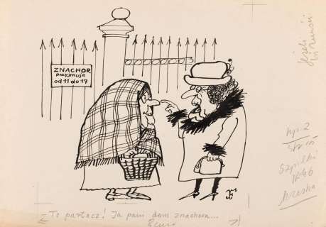 Jerzy Flisak (1930 - 2008) | Jerzy Flisak | "- To partacz! Ja pani dam znachora...", ilustracja satyryczna do czasopisma "Szpilki", 1960 | Desa Unicum