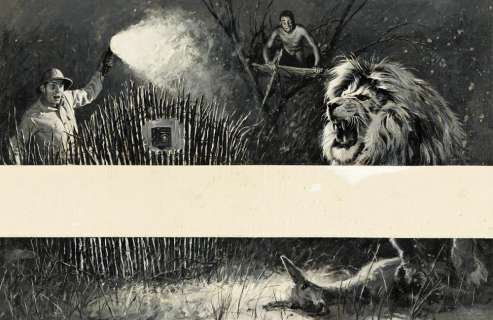 TOM RYAN Hunters with lion and deer.