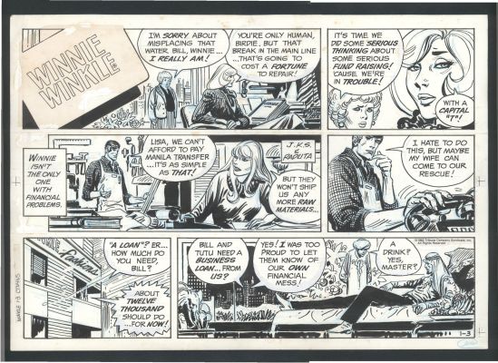Joe Kubert | Joe Kubert Winnie Winkle Sunday Strip Art - Financial Distress Leads a Shiek To Try a Hostile Takeover of Both Winnie And Her Fashion Company Issue Winnie Winkle Page 1-3-1982 | Koch Comic Art