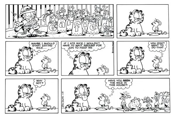 Jim Davis | Garfield Sunday Strip (Garfield Is a Mouse Tamer Early on, & Then Squeak Explains Why He Shouldn’t Eat Mice! Lol!) 1-15-2006 | Romitaman