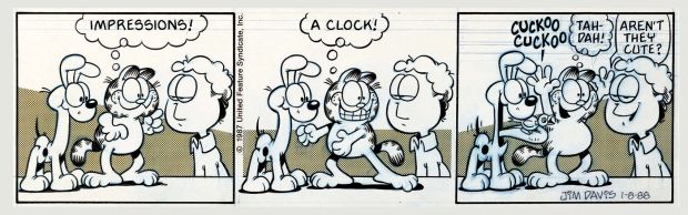 Jim Davis | Garfield Daily Strip (Odie Does an Impersonation of a Clock, Getting Clocked By Garfield!) 1-8-1988 | Romitaman