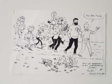 Rodier, Yves - Dessin original + 2 Pages de croquis crayonnés - Tintin et ses amis et d’autres personnages créés par l’auteur | Catawiki