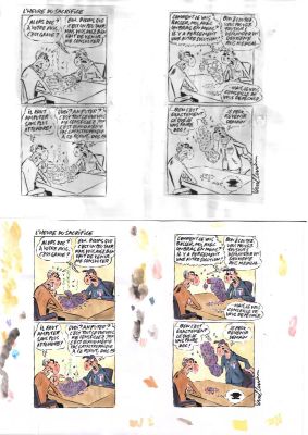 Vuillemin Philippe | Gag original complet de Philippe VUILLEMIN : L’heure du sacrifice. Mise en couleur vendue avec l’original en noir et blanc a l’encre de chine | Galerie Napoléon