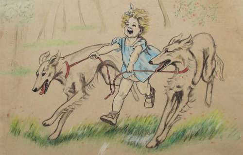 Bouret. Germaine. (1907-1953) | BOURET. Germaine. Â«La petite fille et les lévriersÂ». Gouache et mine&h | Tessier Sarrou