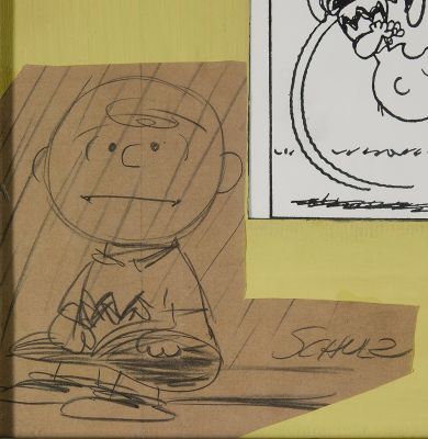 Charles Schulz | Charlie Brown 1950S Pencil Drawing Attached To Huge Collage Statted Sunday Strip & Other Stat Items! | Romitaman