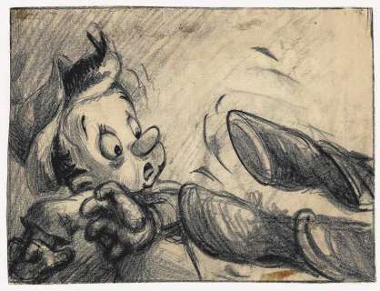 PINOCCHIO - Studio Disney, 1940. Dessin de storyboard de Pinocchio effrayé. | Rossini
