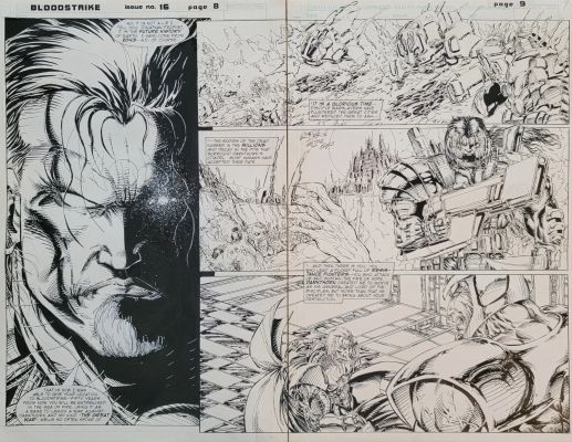 Karl Alstaetter, Karl Alstaetter | Bloodstrike V1 #16 (1994 ) Pages 8 - 9 Double Page Semi-Splash - Karl Altstaetter | ComicArtFans Classifieds