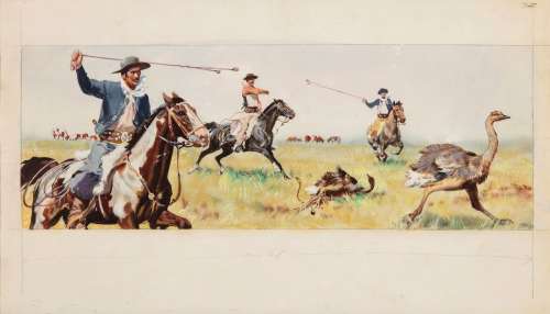 Burian Zdenek - "Gauchos con bolas a caccia di Nandù", 1972 | Urania Casa d’Aste