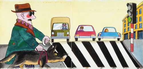 Jerzy Flisak (1930 - 2008) | Jerzy Flisak | "Bardzo zajęte psy", projekt ilustracji do książki Ryszarda Marka Grońskiego, str. 8-9, 1986 | Desa Unicum