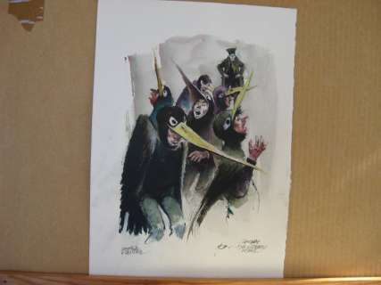 Follet, René - Dessin original en couleur - Les oiseaux noirs - Hommage Ã  Delporte | Catawiki