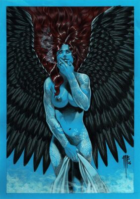 Philippe Bringel | Fille tatouée - l’ange noir aux cheveux rouge | 2DGalleries