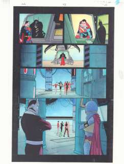 John Kalisz, Mark Pajarillo, Walden Wong - jla #33 p. 23 color guide art - superman, batman, green lantern, orion, barda, flash, plastic man, and green lantern - 1999