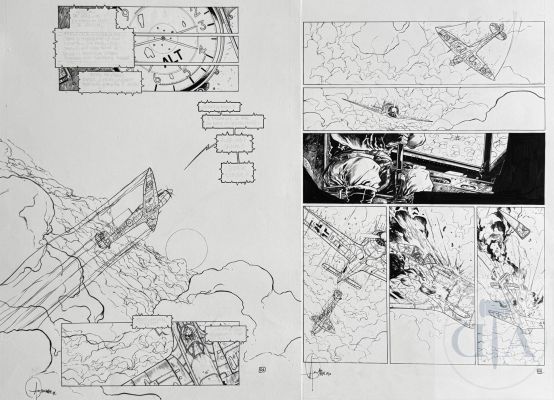 Dellac / Lignes de front. Double planche originale n°12 de l‘album T6 "Le paradis des chasseurs". Superbe mise en scène aérienne qui se termine par une attaque. Encre de Chine signé et daté 2015. 35 X 50 cm X 2! - Lot 262 :