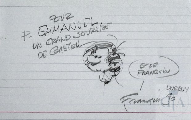 Franquin / Gaston. Dessin Original Dédicacé Illustrant Le Héros. Réalisé À La Mine de Plomb Dans Le Cadre Du Festival Bd de Durbuy. Signé Et Daté 1990. Tbe+. 10 X 15 Cm | Lot 376 : Franquin / Gaston. Dessin original dédicacé illustrant le héros. … | Dagoty