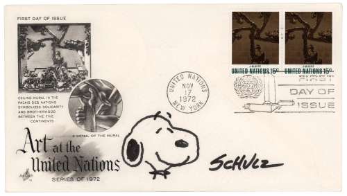 Charles Schulz Signed Snoopy Sketch on a First Day Cover | RR Auction