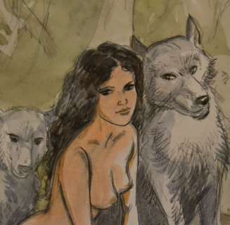 Les archives de J.F. Charles - Crayonné original et aquarelle - Retour Ã  l’état sauvage Â» : nu aux louves - Loose page | Catawiki