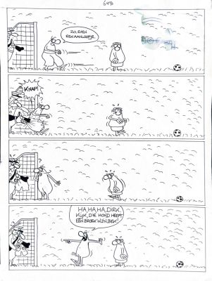 Toon van Driel, bande dessinée originale de F.C. Knudde « Haha, ha, Dirk, regarde, ce chien a un pantalon dans la gueule » | Comic Art Masters