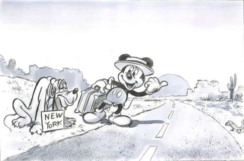 Tony Fernandez, Disney Artist | Mickey & Pluto : Hitchhikers To New York! - Watercolor Painting - Tony Fernandez Signed - Original Artwork - 50 x 35 cm | Catawiki
