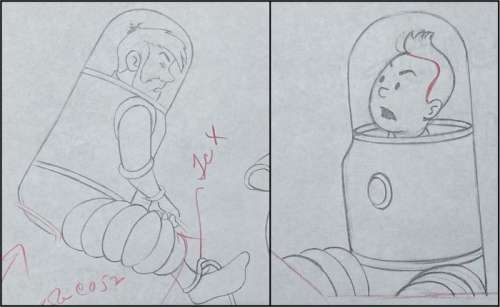 Hergé / Studios Larry Harmon | Tintin - 4 original drawings - Tintin and Captain Haddock on moon scene - On a marché sur la lune - (1960) | Catawiki