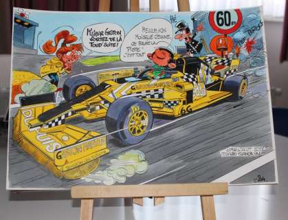 Jacot, Christian | Jacot, Christian - Dessin original couleur - Hommage Ã  Franquin - Gaston dans une F1 modifiée - (2022) | Catawiki