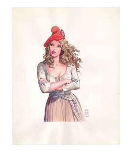 Milo Manara - Illustration originale. La mine boudeuse, la beauté éclatante, on reconnaît évidemment Brigitte Bardot, qui servit effectivement de modèle pour un buste officiel de Marianne sculpté par Alain Aslan en 1969.
