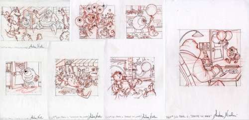 Andrea Nicolucci | Monsters, Inc. - Spread the word - 7 Original A4 Disney Pixar Comic Painting by Andrea Nicolucci - (2000) | Catawiki