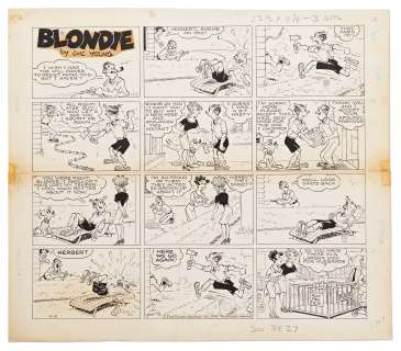 Chic Young Hand-Drawn ’’Blondie’’ Sunday Comic Strip From 1964 -- Herb Woodley Pranks Dagwood One Too Many Times | Nate Sanders