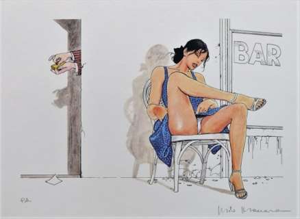 Milo Manara | Milo Manara - "Il Gioco #5 - Al Bar" - Litografia Firmata a Mano Dal Portfolio Il Gioco - Prima Edizione - Page volante - Exemplaire unique | Catawiki