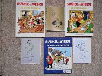 Willy Vandersteen | Suske en Wiske - De Spokenjagers + De Zeven Schaken + De Verraderlijke Vinson - met 3x originele pentekening van Paul Geerts - Broché - Réédition - (1997/2002) | Catawiki