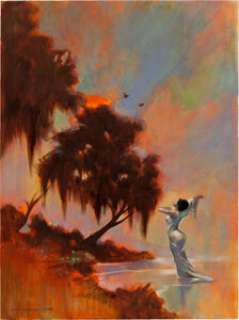 Mike Hoffman Autumnal Twilight Painting Original Art (2006). A lovely chiffon-wrapped maiden contemplates the setting -