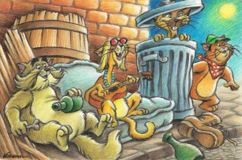 Joan Vizcarra | The Alley Cats Band [The Aristocats] - Original Drawing - Joan Vizcarra - 48 x 32 cm - Pencil Art - Original Artwork | Catawiki