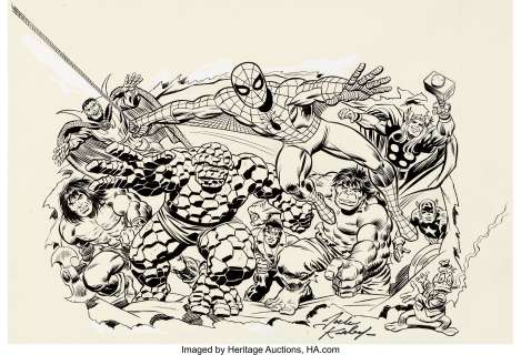 Jack Kirby and John Romita Sr. - Marvel Comics Memory Album Calendar 1977 Cover Original Art (Marvel 1976).