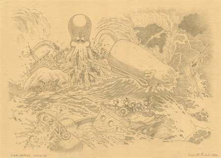 Roberto Ronchi - 1 Original colour drawing - Donald Duck, Uncle Scrooge, Huey, Dewey, Louie - "Barks’ Sea Monsters" - Inspired by Carl Barks Stories - 2024 | Catawiki