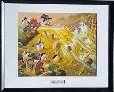 Carl Barks - Dam Disaster at Money Lake - beautiful print with original signature insert NO RESERVE! | Catawiki
