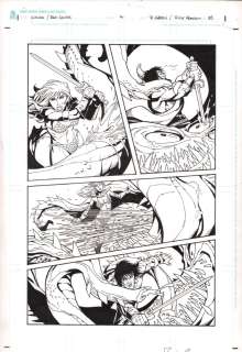 Randy Green, Rick Ketcham | Conan Red Sonja #4 P. 15 - Team-Up Fight with Dinosaurs - Art By Randy Green - 11.5X17.25 - 2015 | Anthony’s Comic Book Art