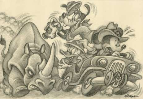 Joan Vizcarra - Mickey, Donald & Goofy on Safari Adventure - Original Pencil Drawing - 48 x 32 cm | Catawiki