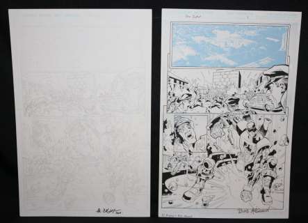 Al Bigley, Bob Almond | Blue Jacket P.1 - Mecha Man Action - Set of 2: Pencil And Blue Line Ink Art Only Pages - Signed | Anthony’s Comic Book Art