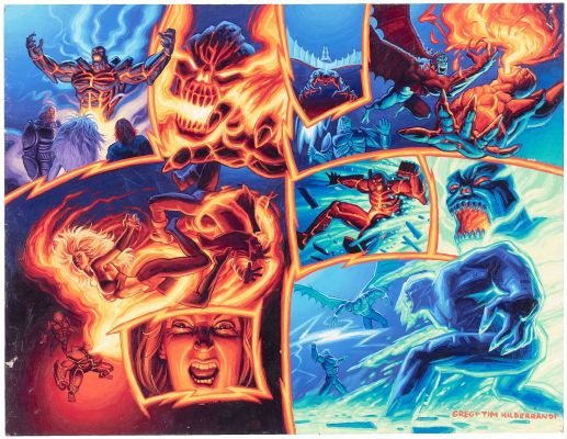 Lot 32 - THE BROTHERS HILDEBRANDT X-MEN 2099: OASIS #1 COMIC BOOK DOUBLE PAGE SPREAD ORIGINAL ART PAINTING. | Hake’s