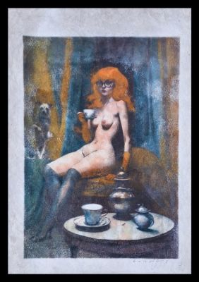 Emma Wildfang - 1 Monotype original en couleur - Original artwork "Tea time" - Echoes of the Fin de Siècle Edition | Catawiki