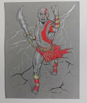 Chris Ring - 1 Original drawing - God of War - Kratos | Catawiki