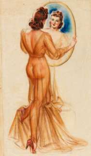 Woman in Mirror Illustration Original Art (undated). This fantastic illustration of a woman in a see-through - | Heritage