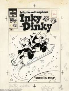 Joe Oriolo - Original Cover Art for Felix’s Nephews Inky and Dinky #4 (Harvey, 1958). The two mini-Felix felines - | Heritage