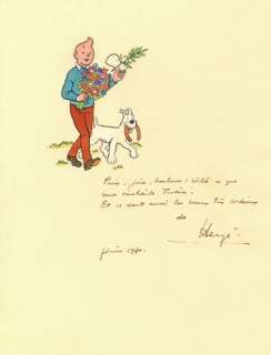 Hergé, Georges Rémi Dit (1907-1983) | Dessin couleur, Tintin et Milou souhaitant, Paix, joie et bonheur, Hergé se joint Ã  ces vÅ“ux. Superb… | Stanley’s Auction