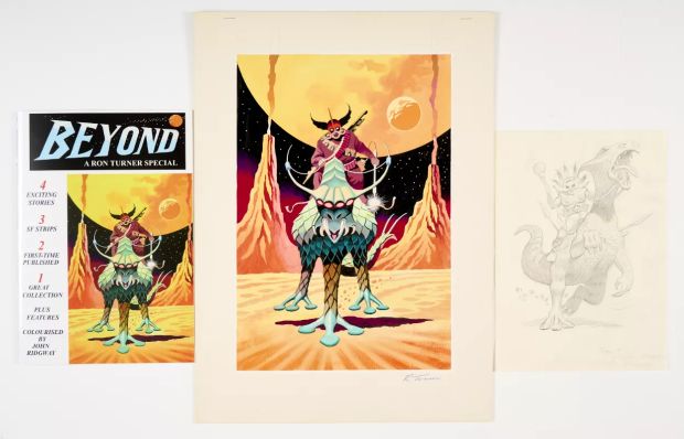 Lot 142 - Commander Valkron astride his monster Trilog mount, original front cover artwork (1998) painted | Comic Book Auctions ltd