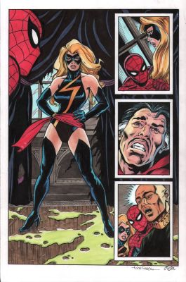 Bob Sharen, Jeff Aclin | Miss Marvel, Spidey, Doctor Strange Panel Page Painted Art - Signed | Anthony’s Comic Book Art