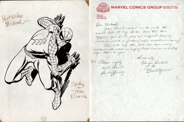 John Romita Sr. | Rare Spider-Man Early 1970S Detailed Bullpen Drawn Pinup & Marvel Bullpen Letter & $5 Fan Got From John Romita For Asm #1 Comic! | Romitaman