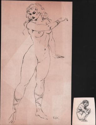 Roy Krenkel | Full Figure Nude Ink Art & Crouched Simian 2Pc Art - Signed | Anthony’s Comic Book Art