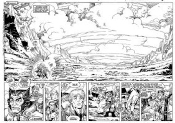 Adams, Art - Uncanny X-Men Annual #12 Pgs 8 & 9, Incredible Double Page Splash. Wolverine, Long Shot, Colossus And the X-Men Witness the End of the Savage Land! | Cool Lines Art